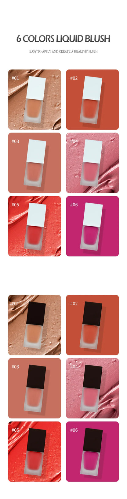 6-color Private Label Liquid Blush Custom Bulk 15ml Multifunctional Lip Cheek Contour Blusher Cream Rouge Makeup White Package